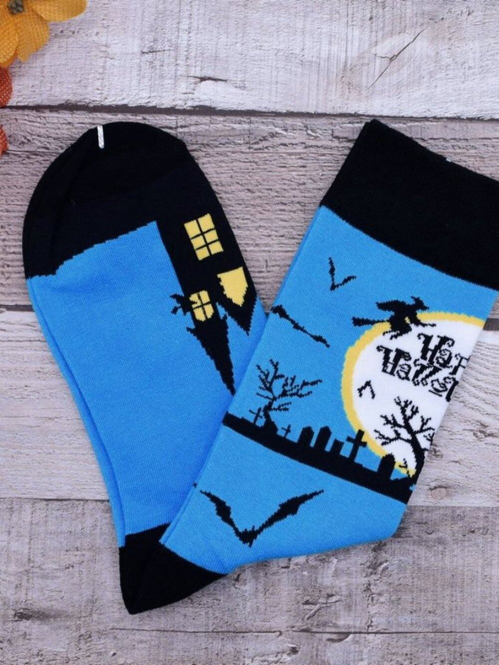 Happy Haunts Halloween Socks Witches Haunted House Blue Black Gift Packaged